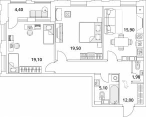 ЖК «Тайм Сквер», планировка 2-комнатной квартиры, 75.70 м²