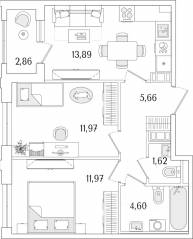 ЖК «Гранат», планировка 2-комнатной квартиры, 51.14 м²