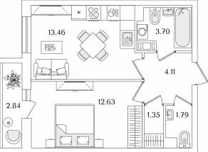 ЖК «Кинопарк», планировка 1-комнатной квартиры, 38.46 м²