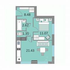 Апарт-комплекс «Начало», планировка 1-комнатной квартиры, 44.70 м²