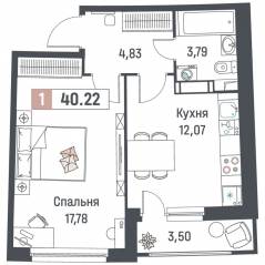 ЖК «Авиатор» (Девяткино), планировка 1-комнатной квартиры, 40.22 м²