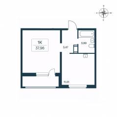 ЖК «Расцветай в Янино», планировка 1-комнатной квартиры, 37.70 м²