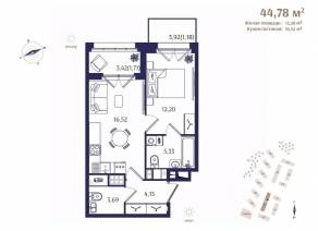 ЖК «Ranta Residence», планировка 1-комнатной квартиры, 44.78 м²