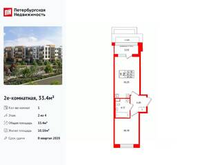 МЖК «Универ Сити», планировка 1-комнатной квартиры, 33.40 м²