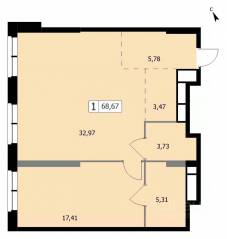 ЖК «Self», планировка 1-комнатной квартиры, 68.00 м²