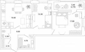 ЖК «Тайм Сквер», планировка 2-комнатной квартиры, 69.80 м²