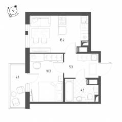ЖК «Монография», планировка 1-комнатной квартиры, 34.50 м²