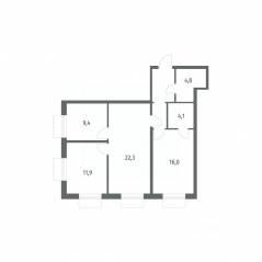 ЖК «Парусная 1», планировка 3-комнатной квартиры, 75.40 м²