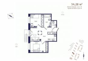 ЖК «Ranta Residence», планировка 2-комнатной квартиры, 54.28 м²