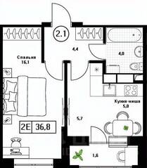 ЖК «Пушкино Град», планировка 1-комнатной квартиры, 36.80 м²