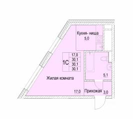 ЖК «Отрадный», планировка 1-комнатной квартиры, 30.10 м²