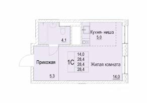 ЖК «Отрадный», планировка 1-комнатной квартиры, 28.40 м²