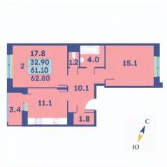 ЖК «Эдельвейс» (ЦентрСтрой), планировка 2-комнатной квартиры, 62.80 м²