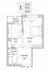 ЖК «Riga Hills», планировка 1-комнатной квартиры, 46.95 м²