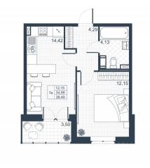ЖК «Ново-Антропшино», планировка 1-комнатной квартиры, 36.74 м²