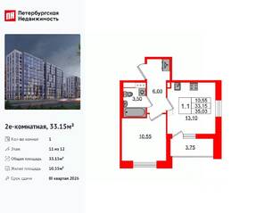ЖК «Бионика Заповедная», планировка 1-комнатной квартиры, 33.15 м²
