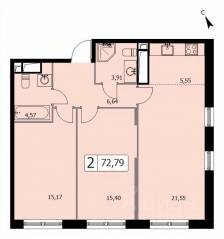 ЖК «Self», планировка 2-комнатной квартиры, 72.60 м²