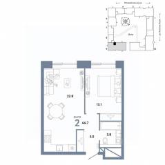 ЖК «Страна.Заречная», планировка 2-комнатной квартиры, 44.70 м²