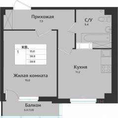 ЖК «Южная звезда», планировка 1-комнатной квартиры, 42.30 м²