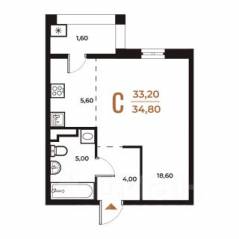 ЖК «Новое Летово», планировка студии, 34.80 м²