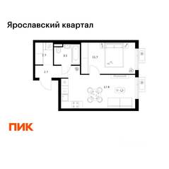 ЖК «Ярославский квартал», планировка 1-комнатной квартиры, 38.50 м²
