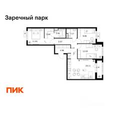 ЖК «Заречный парк», планировка 3-комнатной квартиры, 79.42 м²