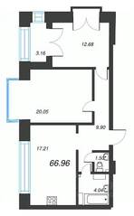 ЖК «Наука», планировка 3-комнатной квартиры, 69.60 м²