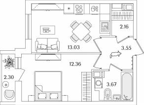 ЖК «Кинопарк», планировка 1-комнатной квартиры, 35.92 м²
