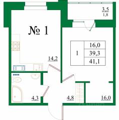 ЖК «Орловский бульвар», планировка 1-комнатной квартиры, 41.10 м²