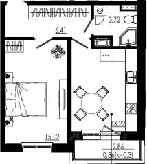 МЖК «Liberty dom», планировка 1-комнатной квартиры, 39.34 м²