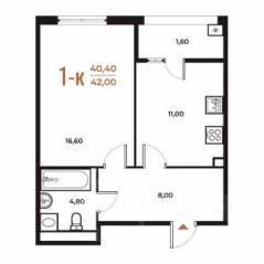 ЖК «Новое Летово», планировка 1-комнатной квартиры, 42.00 м²