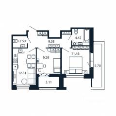 ЖК «Полис Новоселье», планировка 2-комнатной квартиры, 52.78 м²
