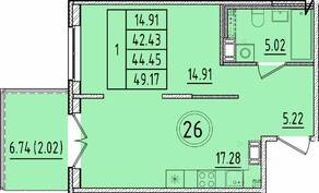 МЖК «Образцовый квартал 17», планировка 1-комнатной квартиры, 42.43 м²