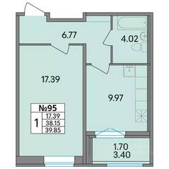 ЖК «Рождественский квартал», планировка 1-комнатной квартиры, 39.85 м²