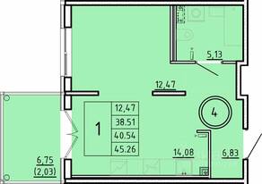 МЖК «Образцовый квартал 16», планировка 1-комнатной квартиры, 38.51 м²