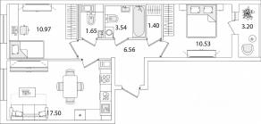 ЖК «Кинопарк», планировка 2-комнатной квартиры, 53.63 м²