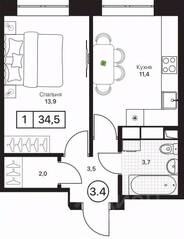 ЖК «Пушкино Град», планировка 1-комнатной квартиры, 34.50 м²