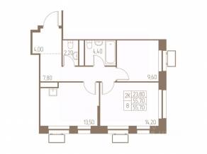 ЖК «Фабрикант», планировка 2-комнатной квартиры, 55.70 м²