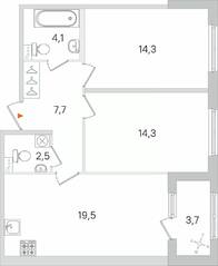 МЖК «Дубровский», планировка 2-комнатной квартиры, 64.25 м²