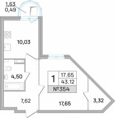 ЖК «Дом-Мегалит в Королёве», планировка 1-комнатной квартиры, 42.90 м²