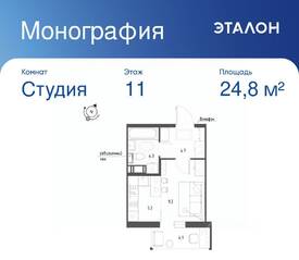 ЖК «Монография», планировка студии, 24.80 м²