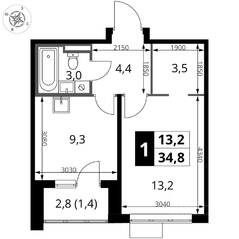 ЖК «1-й Донской», планировка 1-комнатной квартиры, 34.80 м²