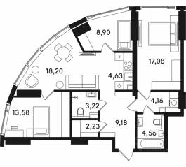 ЖК «Solos», планировка 3-комнатной квартиры, 85.74 м²