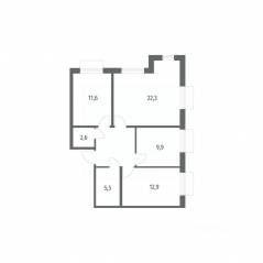 ЖК «Парусная 1», планировка 3-комнатной квартиры, 74.10 м²
