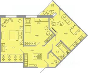 ЖК «Стороны света-2», планировка 2-комнатной квартиры, 60.60 м²