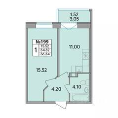 ЖК «Рождественский квартал», планировка 1-комнатной квартиры, 36.34 м²