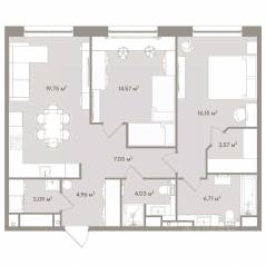 Апарт-комплекс «D'oro Mille», планировка 3-комнатной квартиры, 79.90 м²