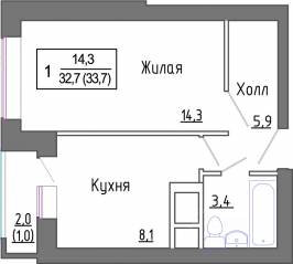 МЖК «Новое Замитино», планировка 1-комнатной квартиры, 33.10 м²