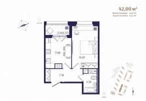 ЖК «Ranta Residence», планировка 1-комнатной квартиры, 42.00 м²