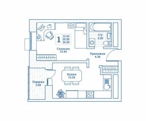 ЖК «Новоград Монино», планировка 1-комнатной квартиры, 37.00 м²